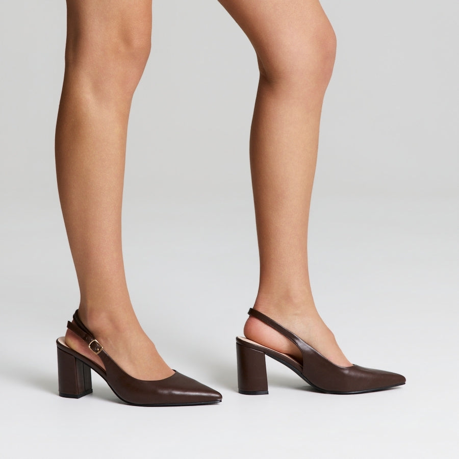 Elio Slingback Block Heels - Chocolate Brown