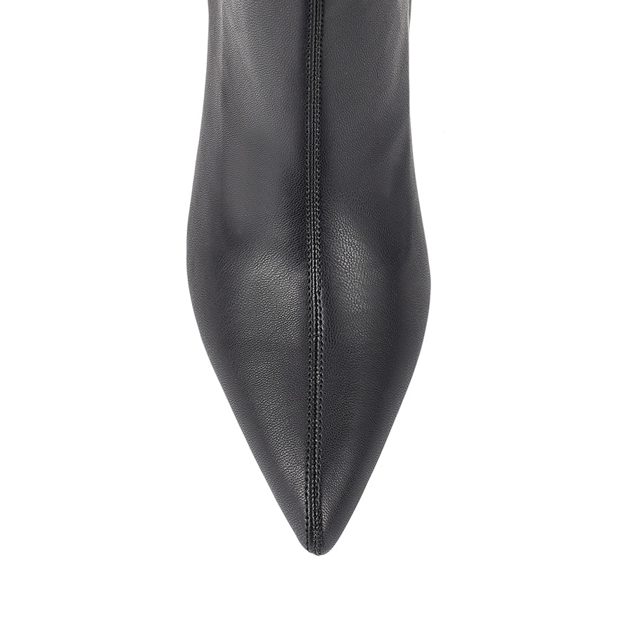 Womens black ankle sock boot with stiletto heel and pointed toe