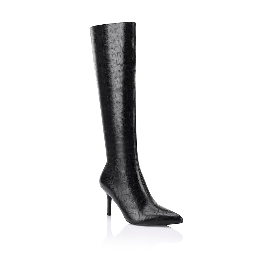 Women's black croc knee high stiletto boot with pointed toe