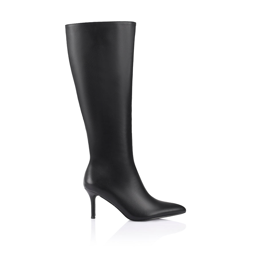 Women's black smooth knee high stiletto boot with pointed toe