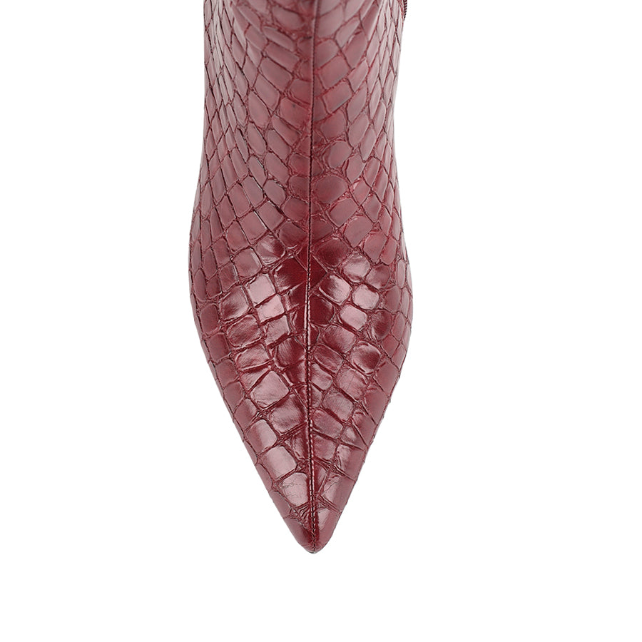 Women's red wine croc knee high stiletto boot with pointed toe