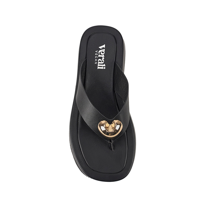 Women's black vegan platform thong with gold heart embellishment