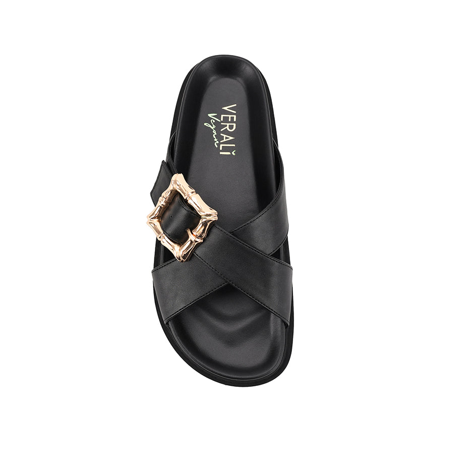 Women's black footbed slides with gold buckle