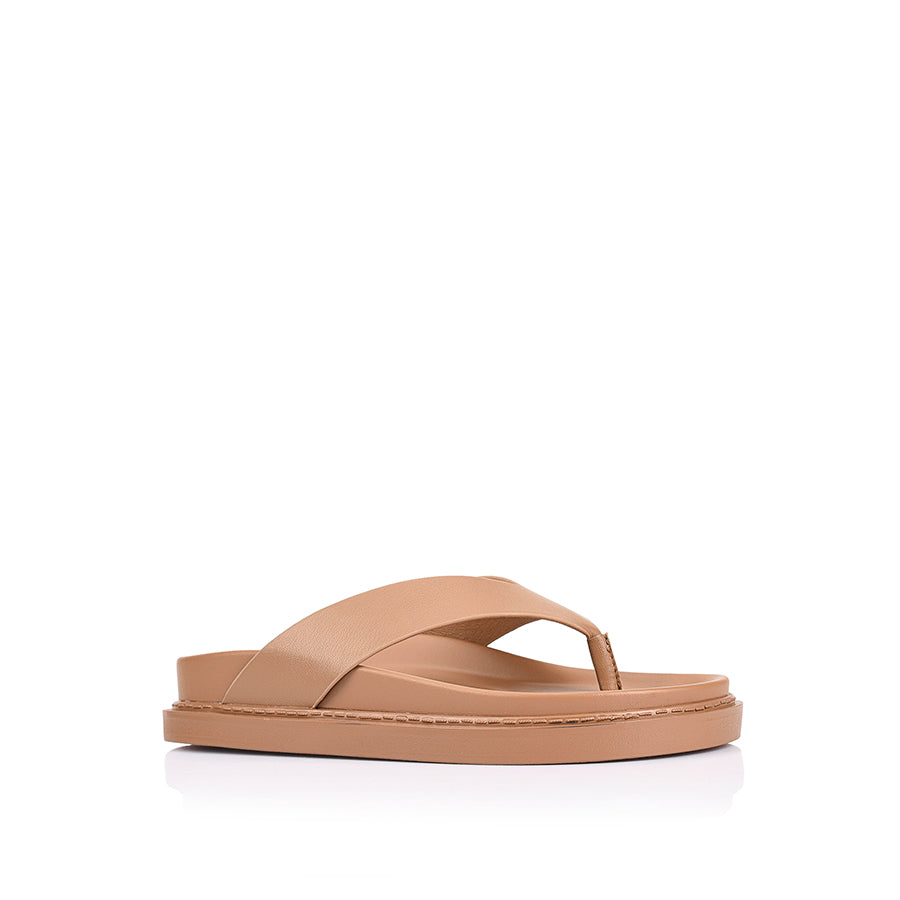 Women's dark camel tan footbed platform thongs