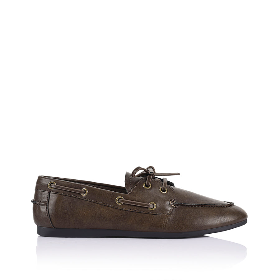 Distressed vegan leather boat shoe with lace detailing