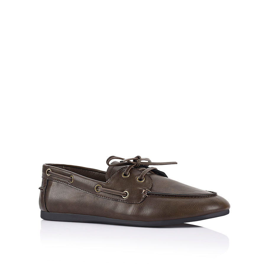 Distressed vegan leather boat shoe with lace detailing