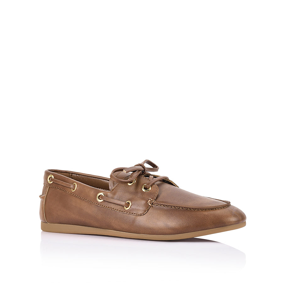 Distressed vegan leather boat shoe with lace detailing