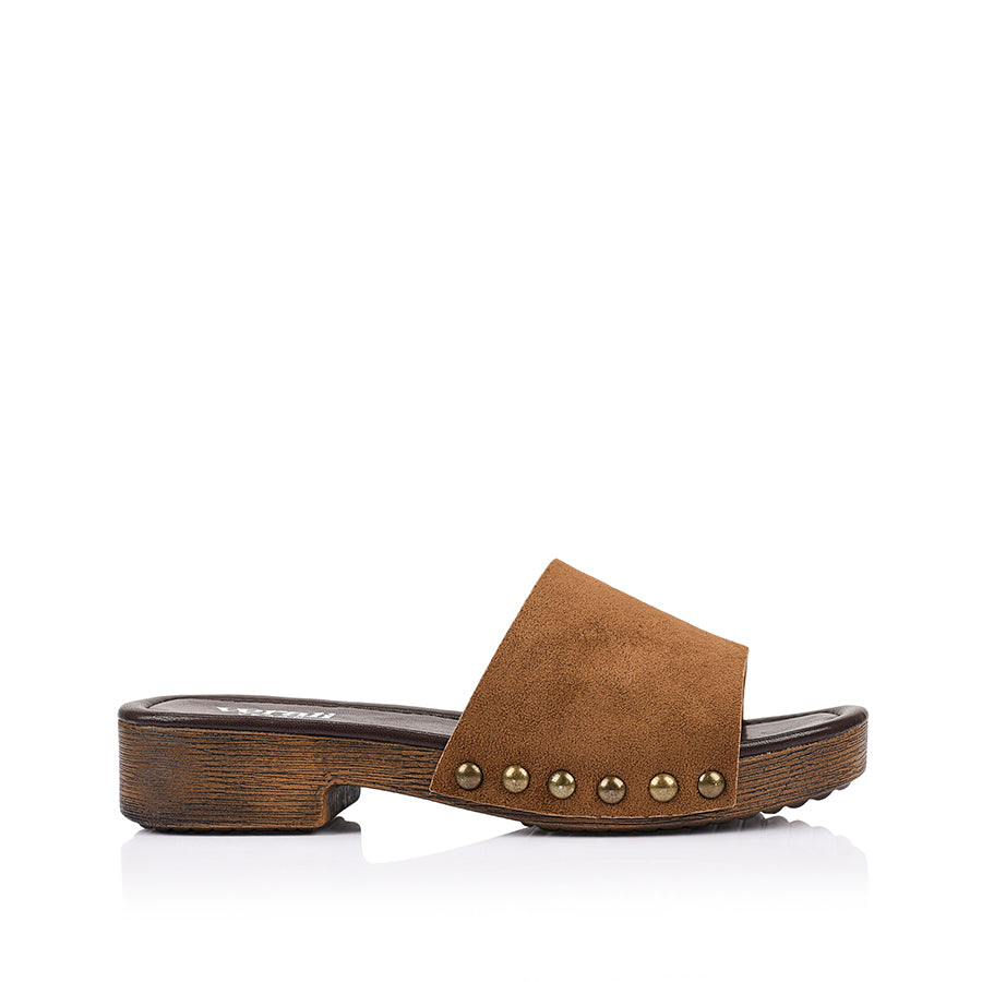Women's slip on boho clogs with microsuede upper and studded details