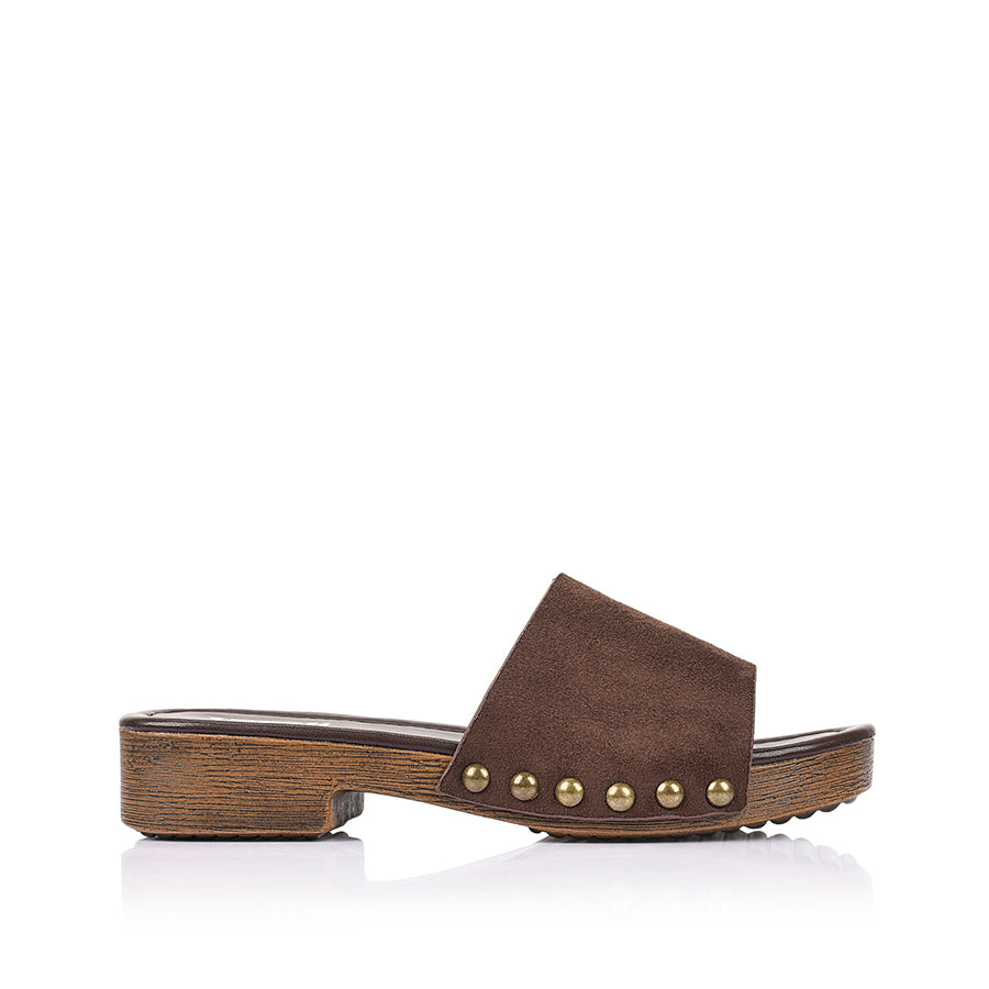 Women's slip on boho clogs with microsuede upper and studded details