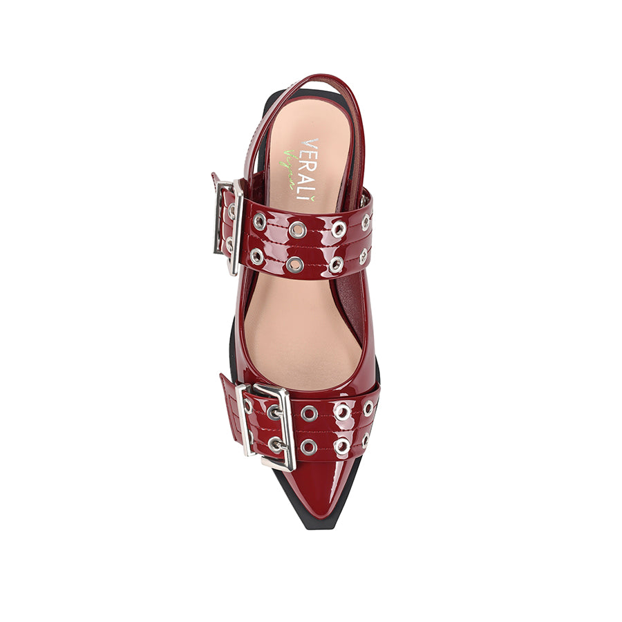 Women's red wine patent vegan leather pointed toe ballet flats with statement buckles and elastic slingback