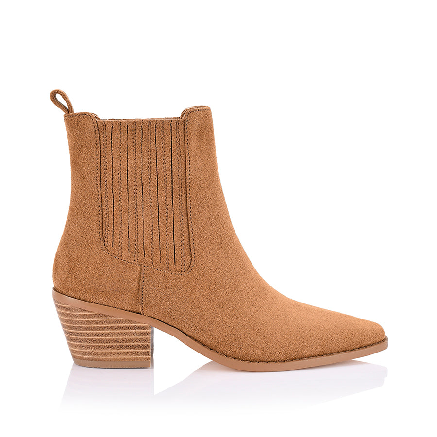 Women's tan microsuede heeled ankle boot with pointed toe, stacked heel, and elasticated gusset