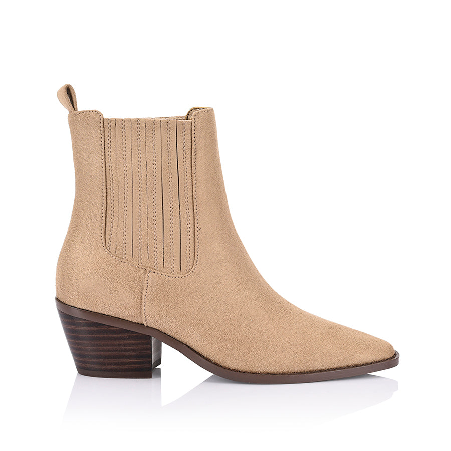 Women's taupe microsuede heeled ankle boot with pointed toe, stacked heel, and elasticated gusset