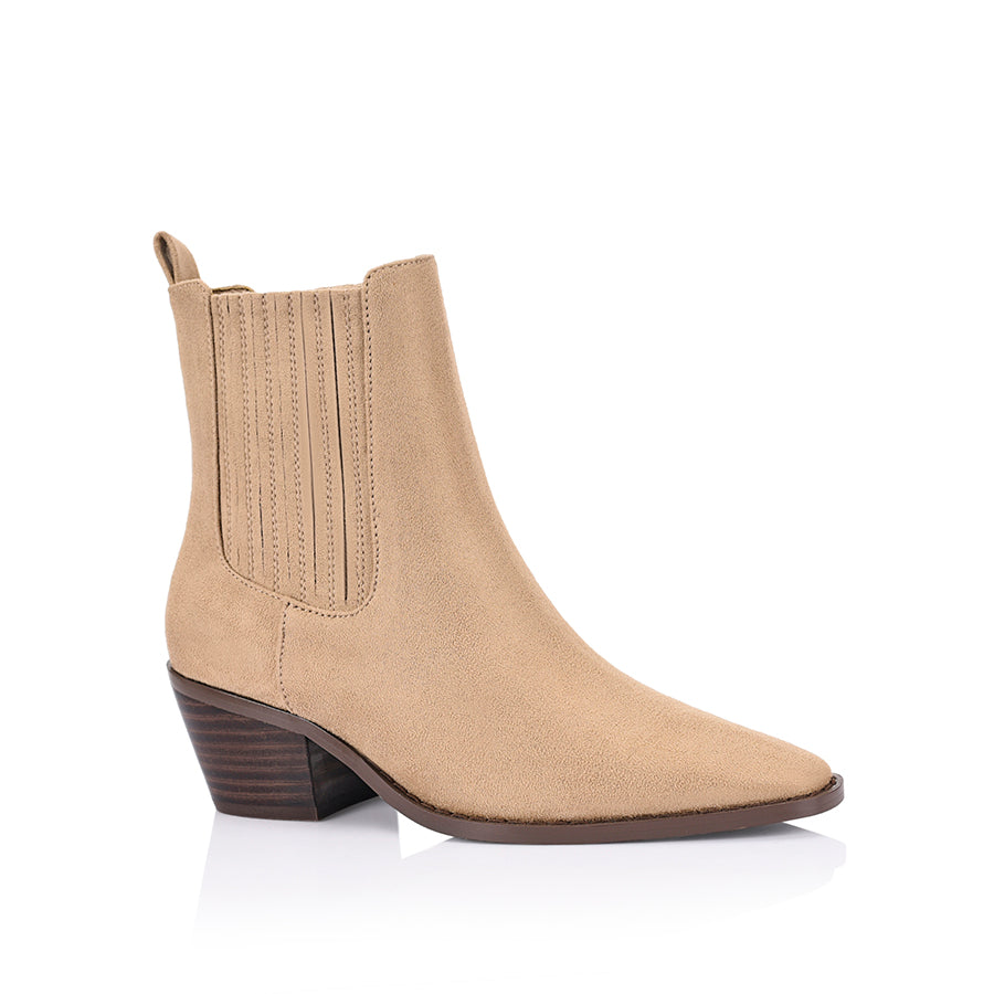 Women's taupe microsuede heeled ankle boot with pointed toe, stacked heel, and elasticated gusset