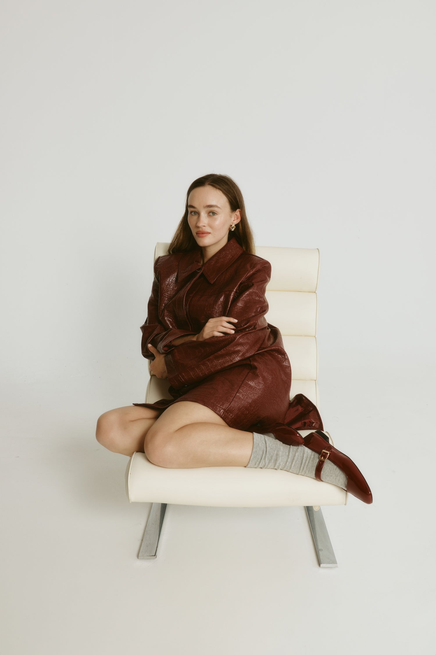 Women's red wine patent ballet flats with mary jane strap and square toe