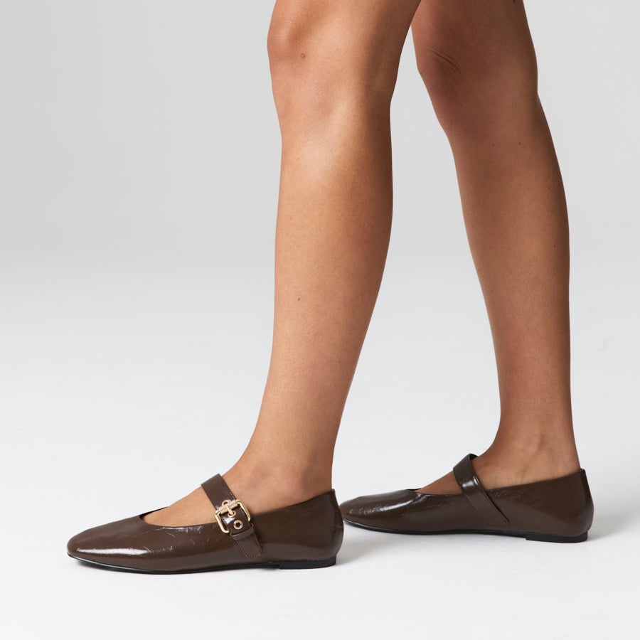 Europe Mary-Jane Flats - Chocolate Brown Crinkle