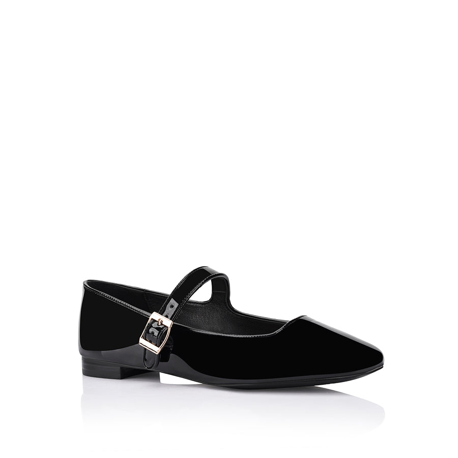 Women's vegan black patent mary-jane ballet flats with block heel and square toe