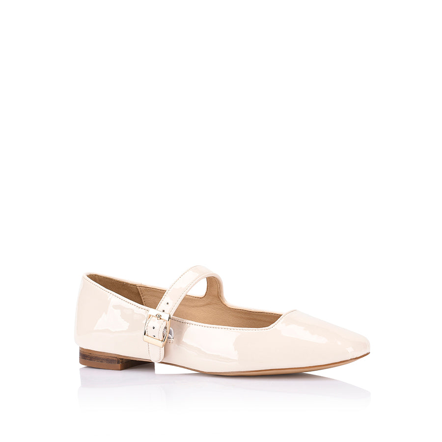 Women's vegan bone white patent mary-jane ballet flats with block heel and square toe