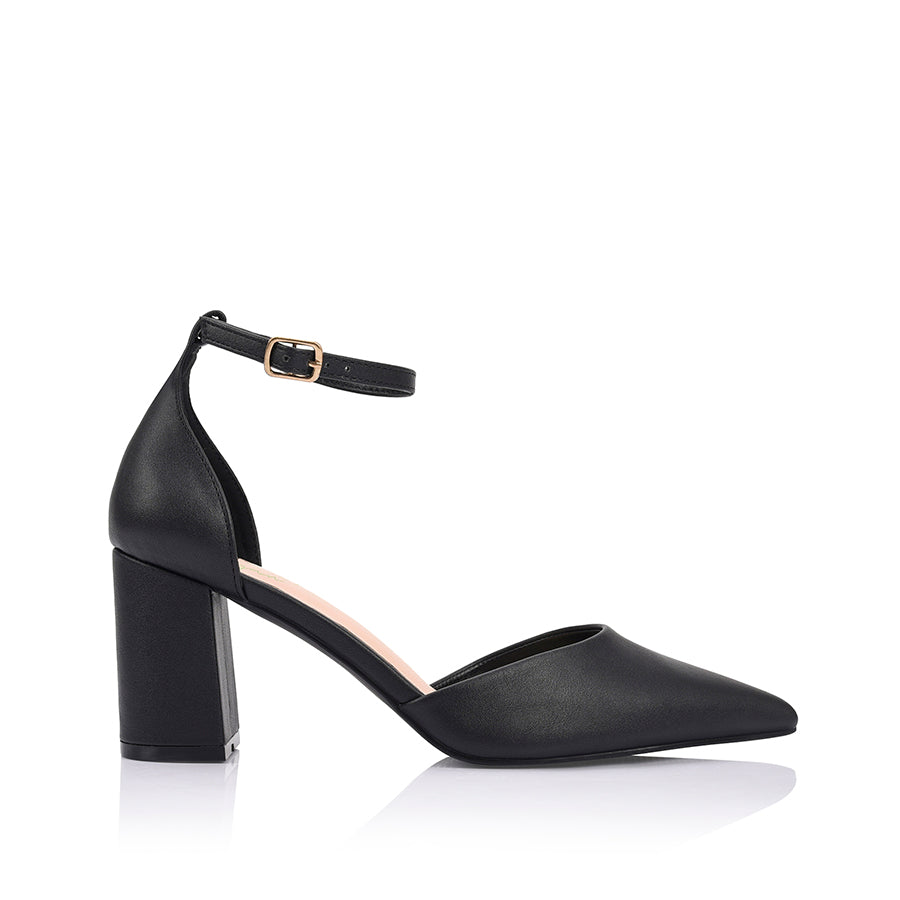 Women's black block heel with pointed toe and ankle strap