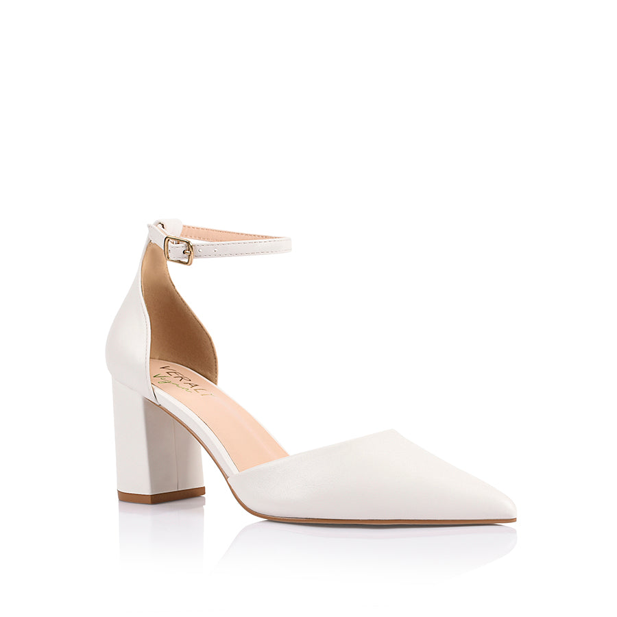 Women's white vegan block heel with pointed toe and ankle strap