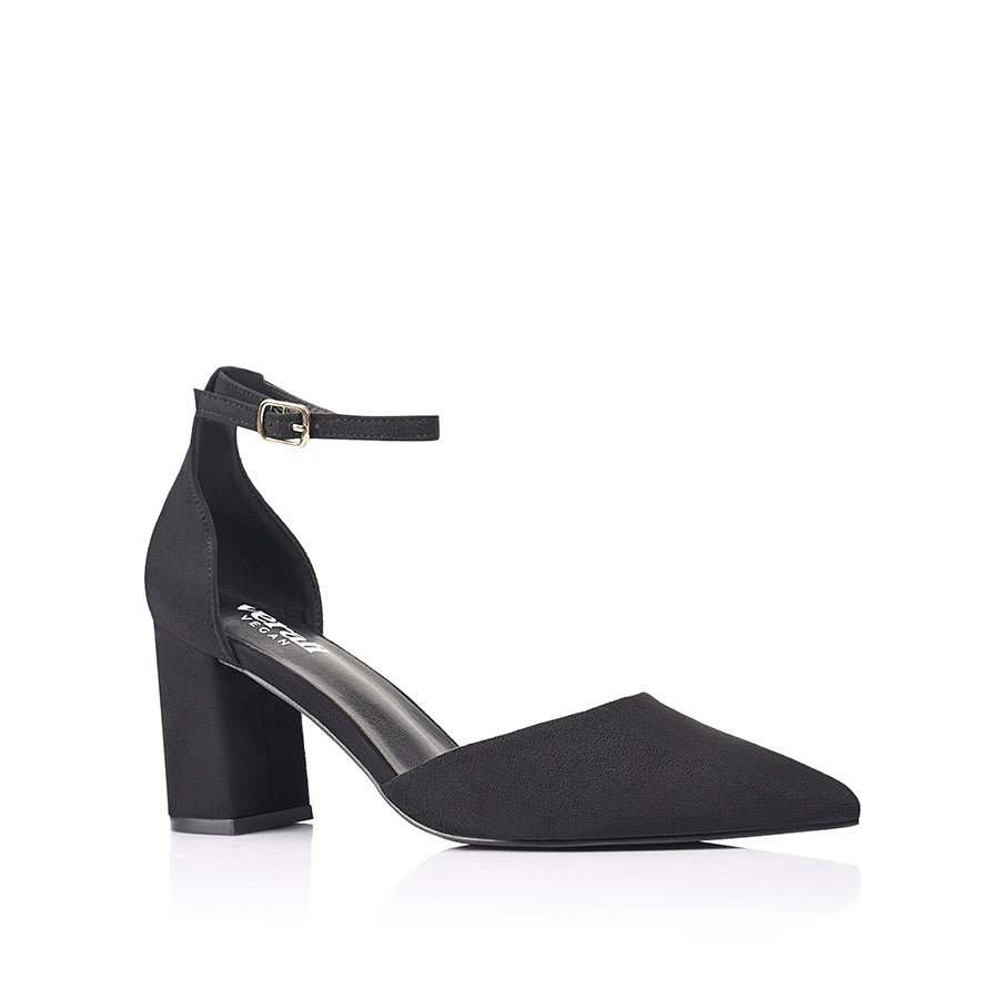 Women's black vegan microsuede court block heel with ankle buckle fastening