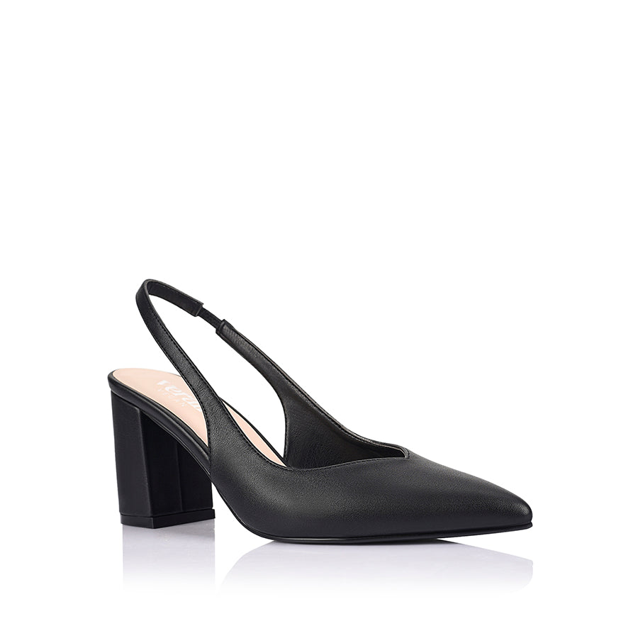 Women's pointed toe slingback with block heel in black vegan