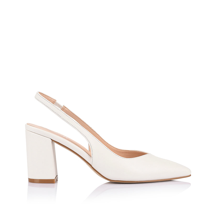 Women's pointed toe slingback with block heel in chalk white vegan