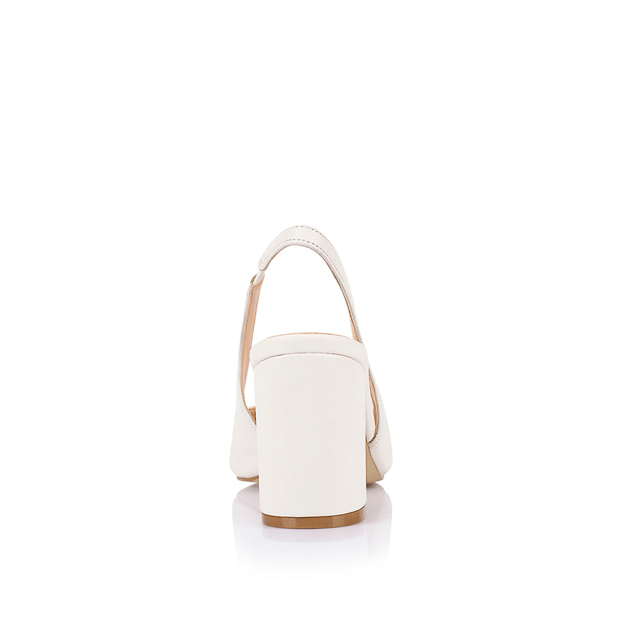 Women's pointed toe slingback with block heel in chalk white vegan
