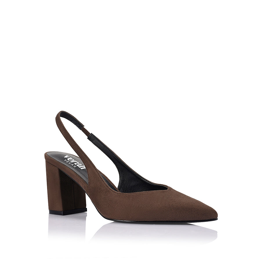 Women's pointed toe slingback with block heel in chocolate vegan microsuede