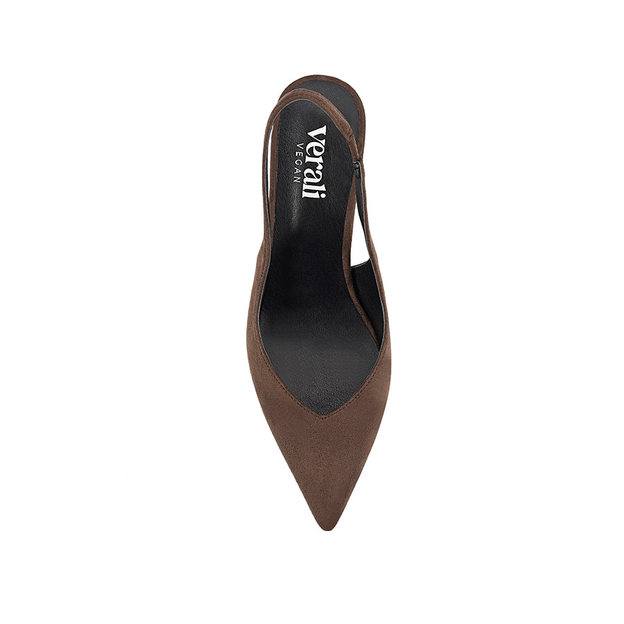 Women's pointed toe slingback with block heel in chocolate vegan microsuede