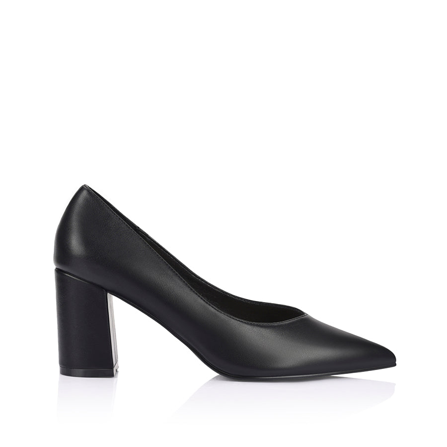 Women's black vegan block heel with pointed toe