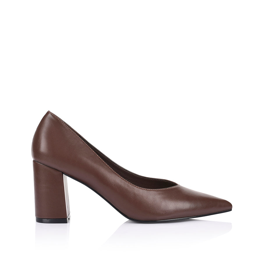 Women's chocolate brown vegan block heel with pointed toe