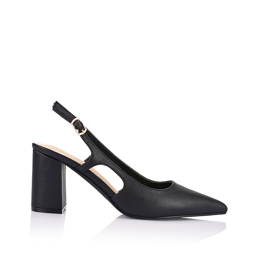 Women's black vegan leather block heel pointed toe slingback