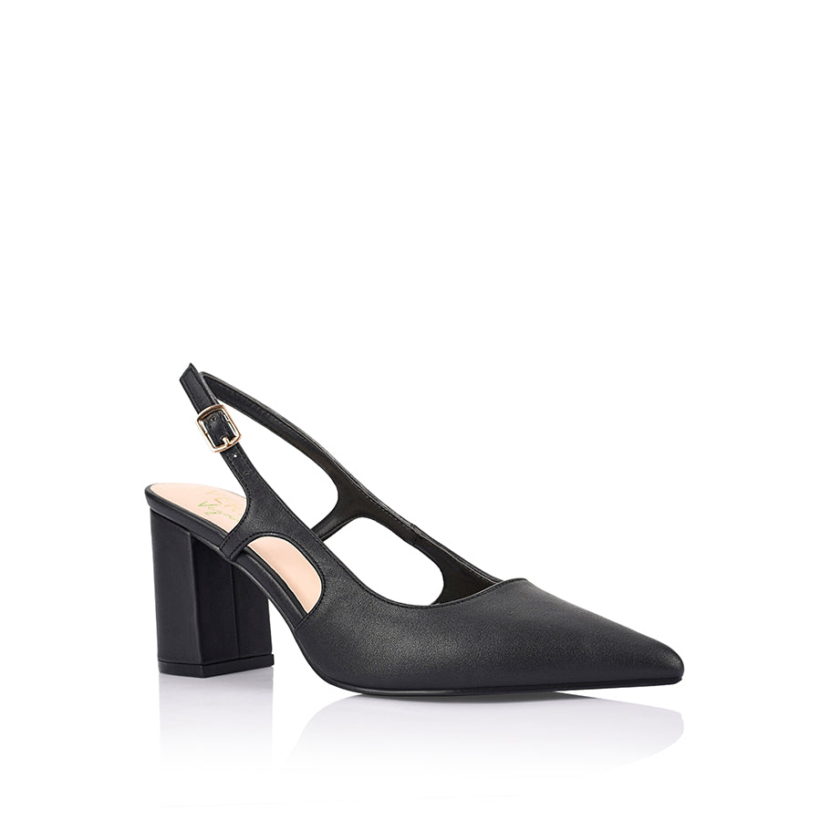 Women's black vegan leather block heel pointed toe slingback