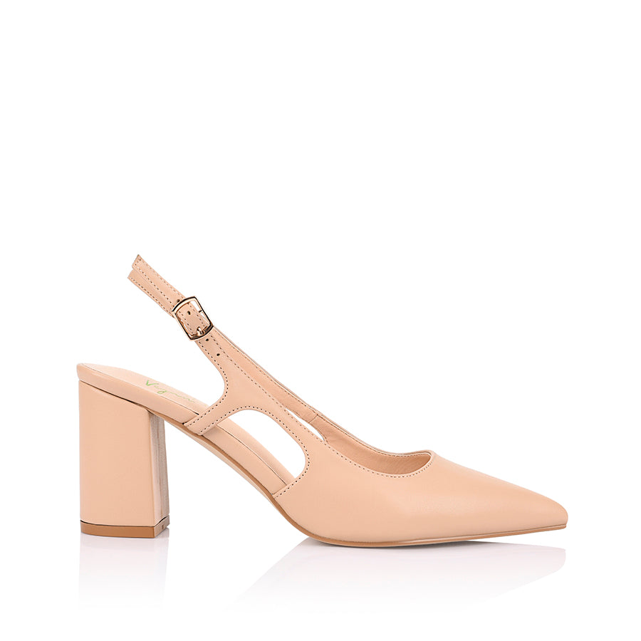 Women's nude vegan leather block heel pointed toe slingback