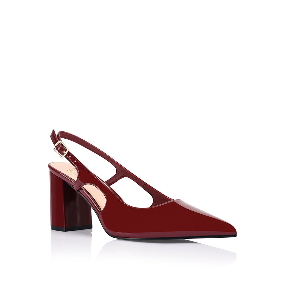 Women's red wine patent vegan leather block heel pointed toe slingback