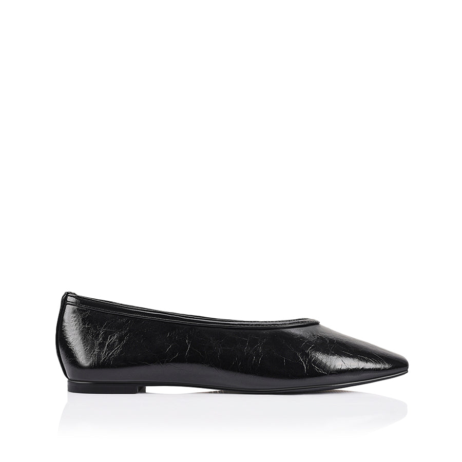 Black crinkle flat with square toe shape and v high vamp