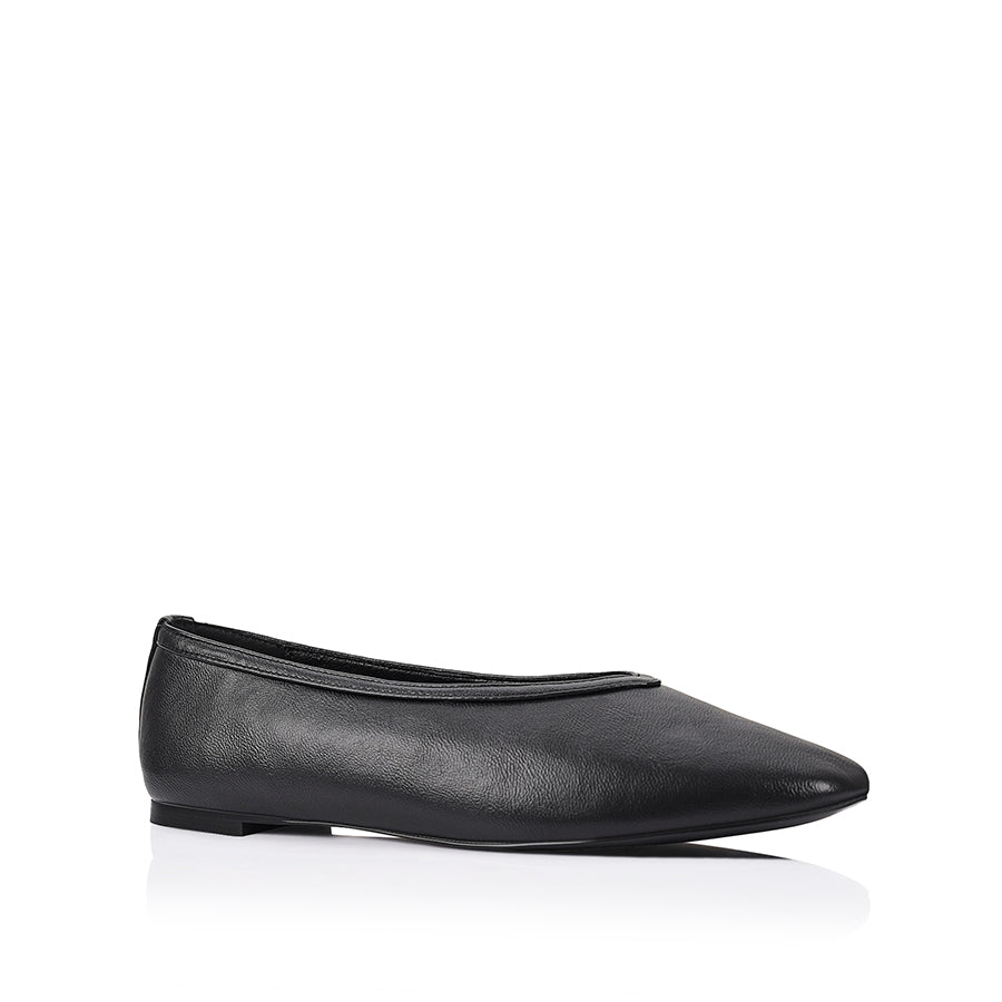 Smooth black flat with square toe shape and v high vamp