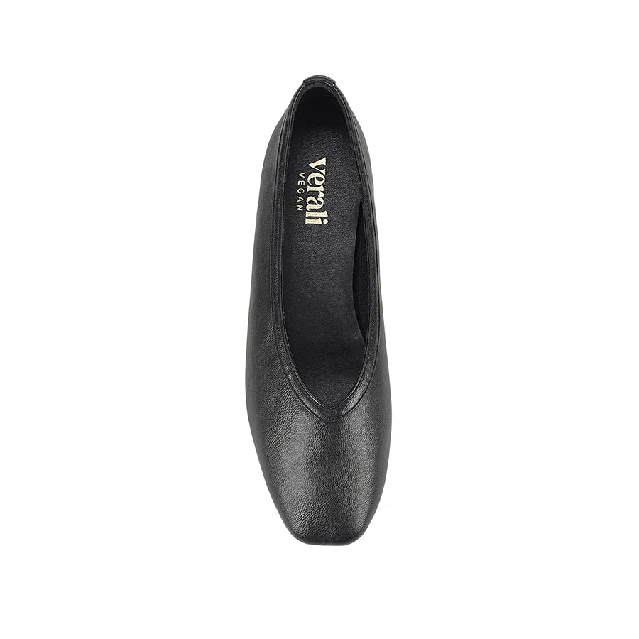 Smooth black flat with square toe shape and v high vamp