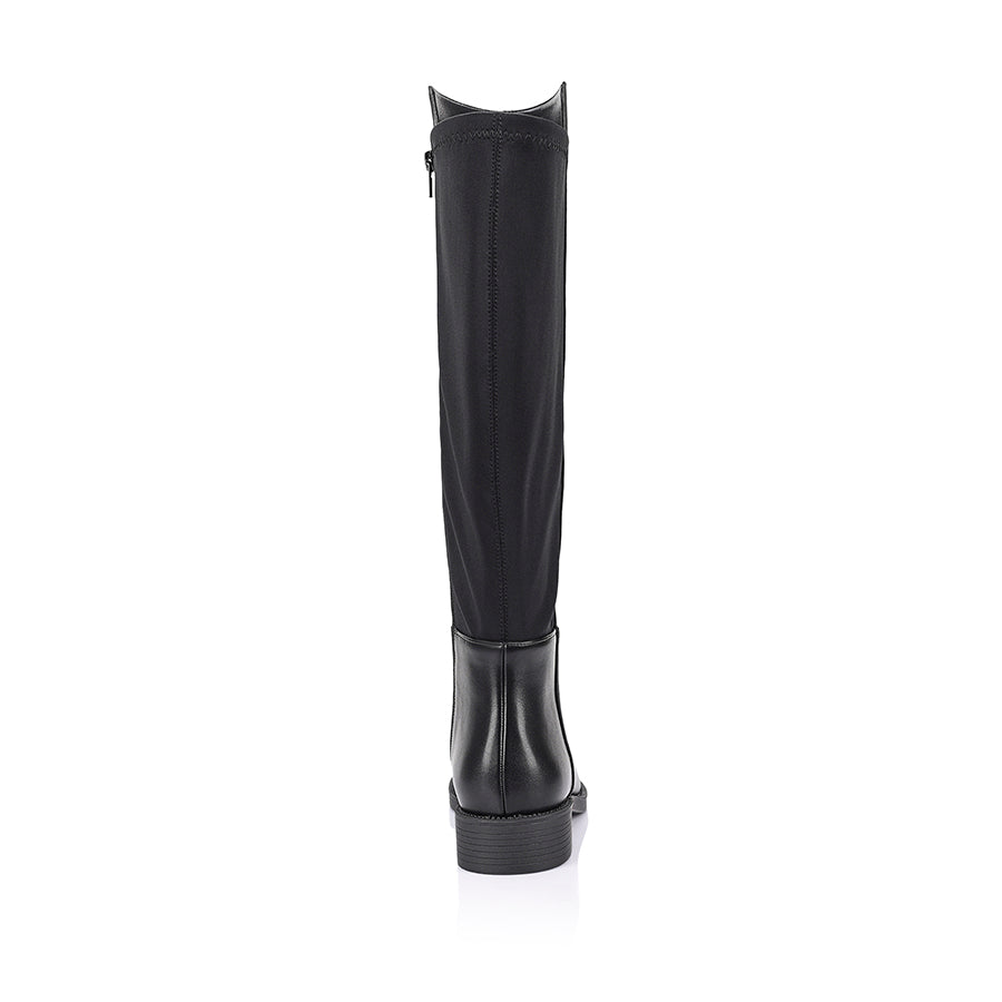 Women's black vegan leather knee high flat riding boot with stretch back