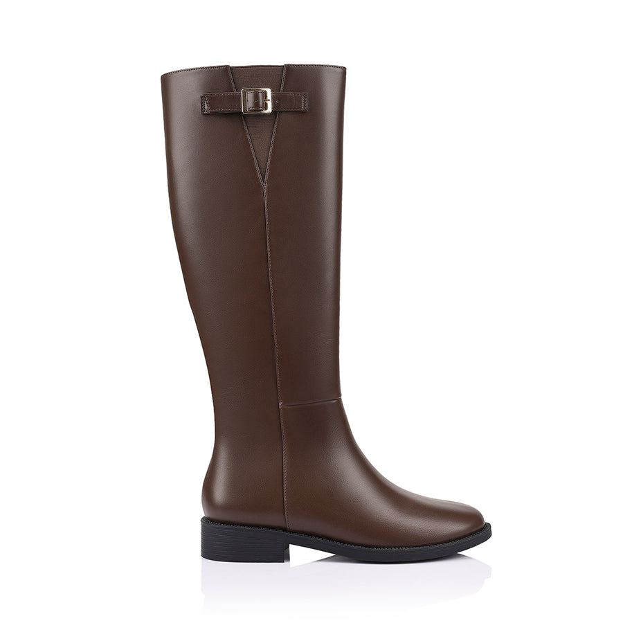 Women's knee high flat riding boots with elastic gusset and gold buckle detail