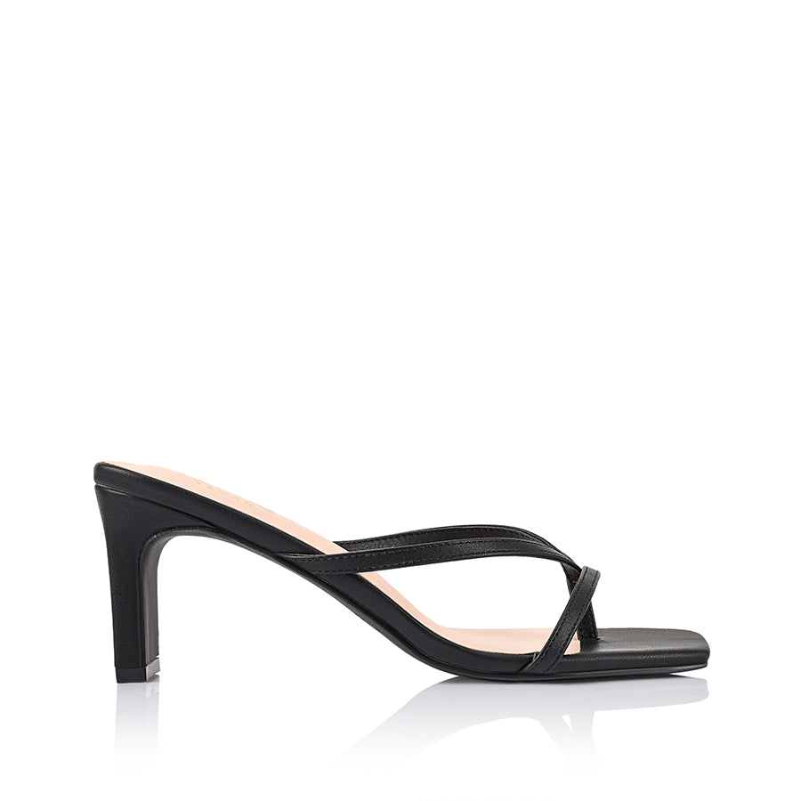 Women's black vegan high heeled thong with thin block heel