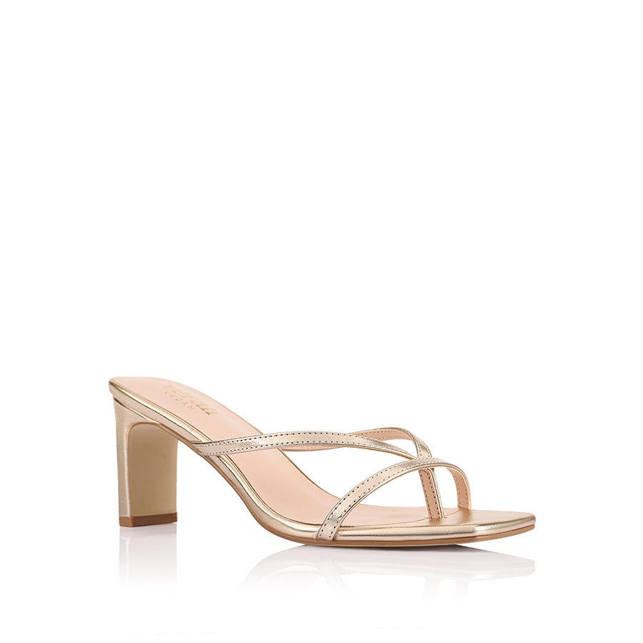 Women's champagne gold vegan high heeled thong with thin block heel
