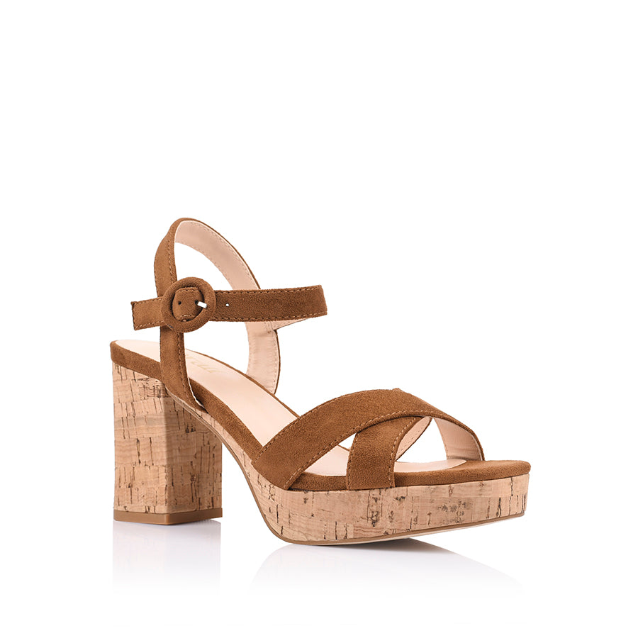 Women's brown tan microsuede and cork block heel platform sandal