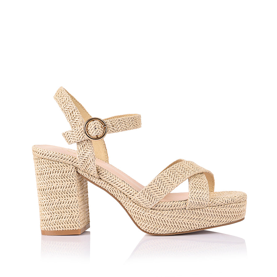 Women's raffia platform block heel strappy sandal with crossover straps and buckle fastening