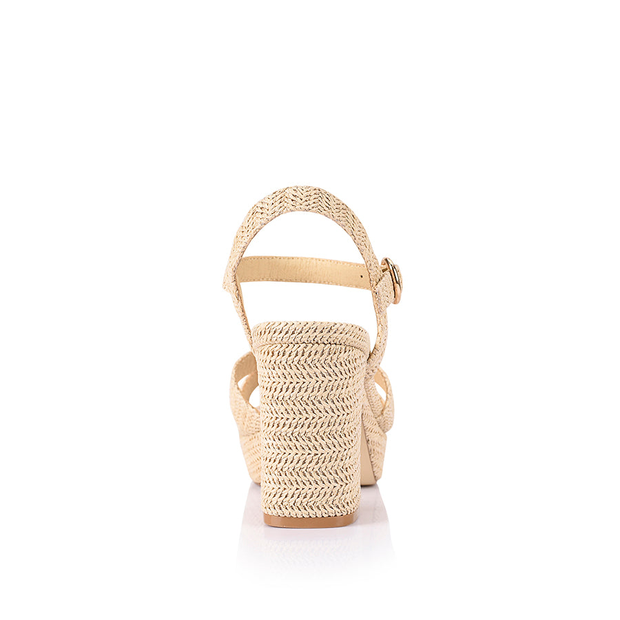 Women's raffia platform block heel strappy sandal with crossover straps and buckle fastening