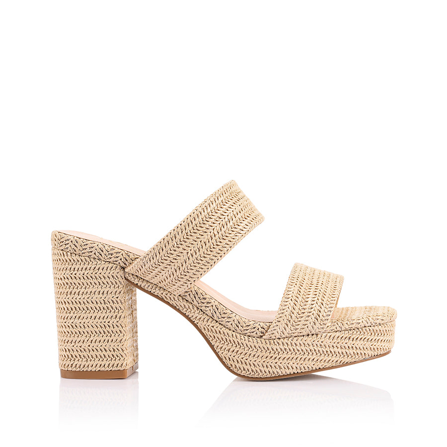 Women's woven raffia platform block heel mules