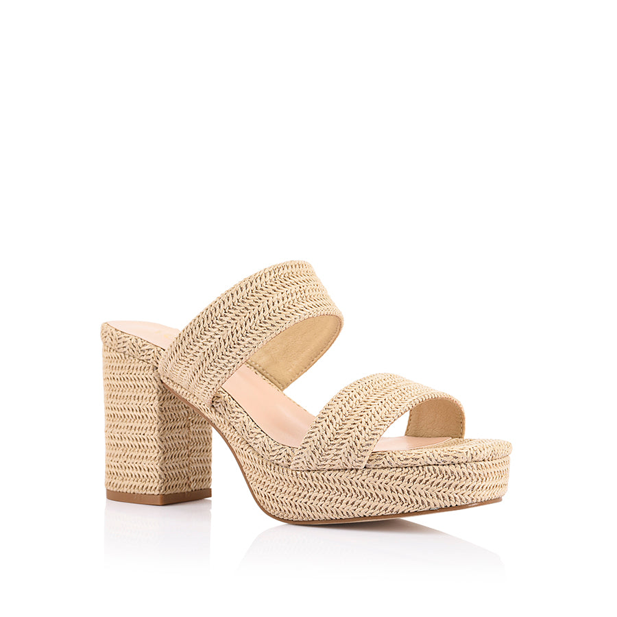 Women's woven raffia platform block heel mules