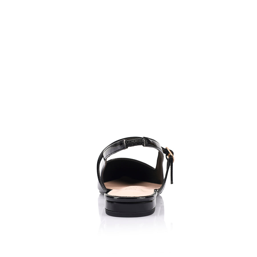 Women's black patent ballet flat with slingback fastening, pointed toe and mary-jane strap