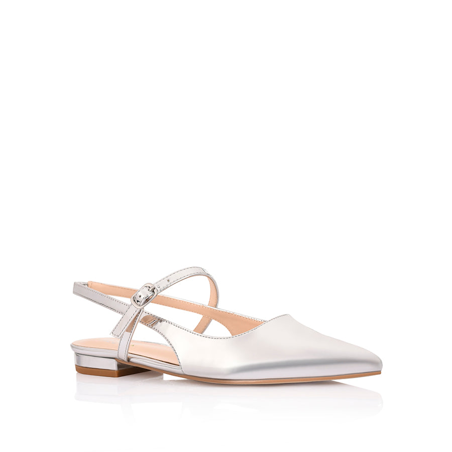 Women's silver mirror ballet flat with slingback fastening, pointed toe and mary-jane strap
