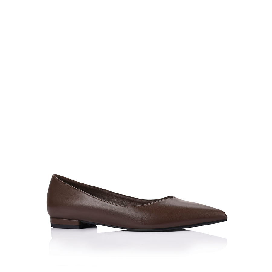 Women's chocolate brown vegan ballet flats with pointed toe